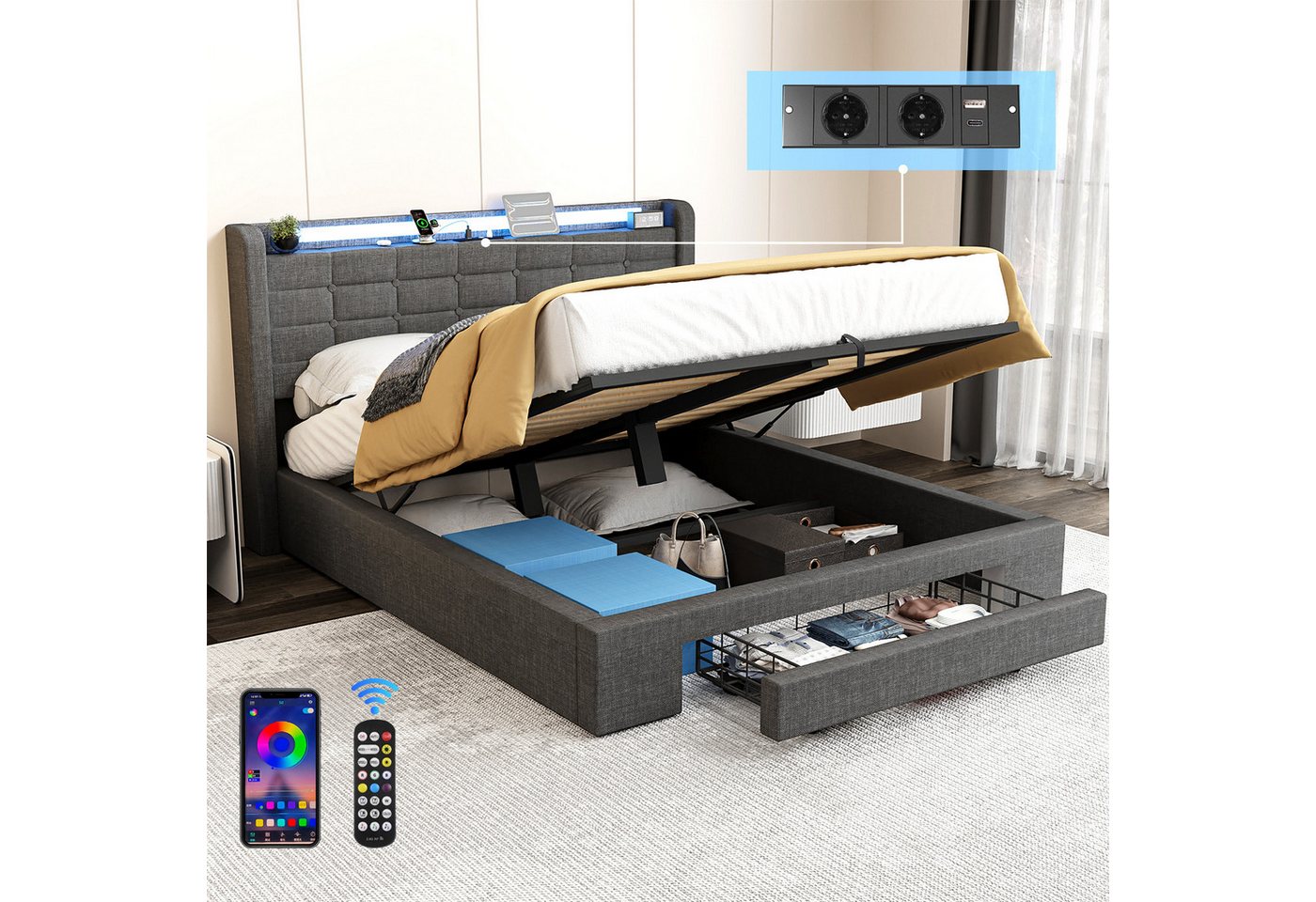 oyajia Polsterbett Stauraumbett Doppelbett mit LED Beleuchtung mit Ladefunktion (Type-C + USB, Hydraulisch hebbarer Stauraum), Funktionsbett Stauraumbetten Jugendbett Bettgestell Leises Design Bett von oyajia