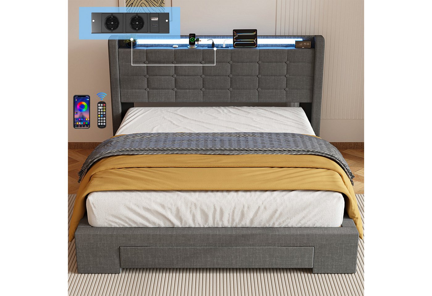 oyajia Polsterbett Stauraumbett Doppelbett mit LED Beleuchtung mit Ladefunktion (Type-C + USB, Hydraulisch hebbarer Stauraum), Funktionsbett Stauraumbetten Jugendbett Bettgestell Leises Design Bett von oyajia