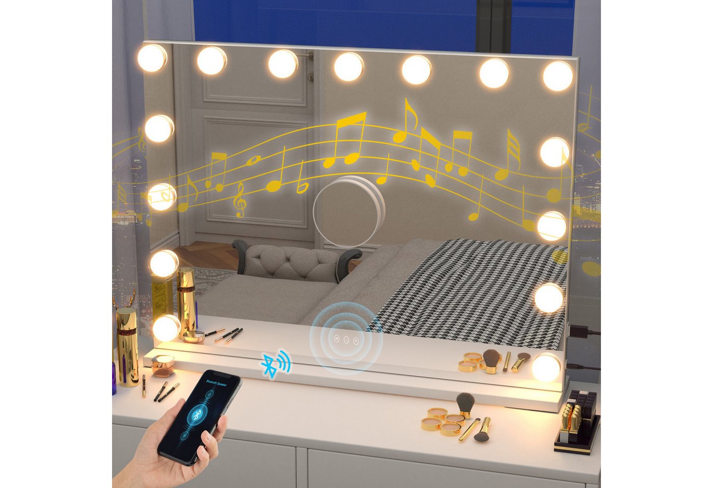 oyajia Schminkspiegel Hollywood Kosmetikspiegel mit 15/18 LEDs und Bluetooth-Lautsprecher (3 Lichtfarben stufenlos dimmbar mit LED touchscreen), Einstellbare Schminkspiegel für Wohnzimmer, Schlafzimme, Hotel von oyajia