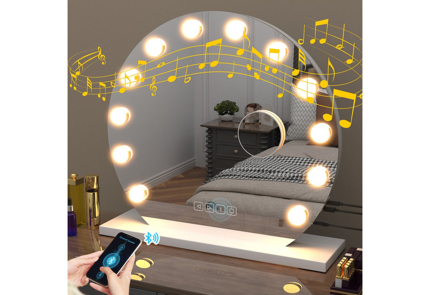 oyajia Schminkspiegel Hollywood Kosmetikspiegel mit 15/18 LEDs und Bluetooth-Lautsprecher (3 Lichtfarben stufenlos dimmbar mit LED touchscreen), Einstellbare Schminkspiegel für Wohnzimmer, Schlafzimme, Hotel von oyajia
