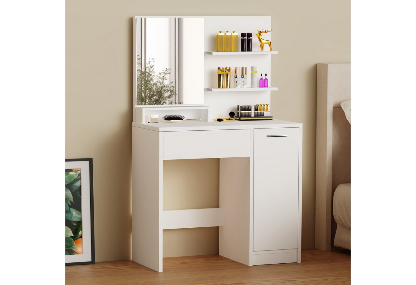 oyajia Schminktisch Frisierkommode mit Spiegel,1 Schubladen,3 offene Fächer, Modern (80 x 40 x 132 cm, Weißer, Frisiertisch mit Spiegel), modern, 1 Schubladen, Stauraum von oyajia