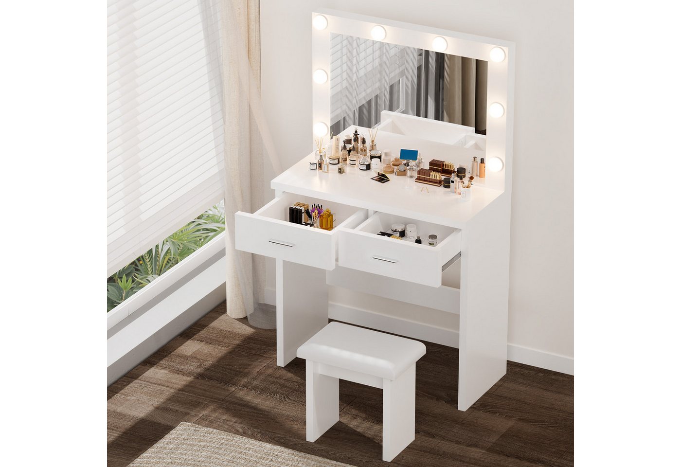 oyajia Schminktisch Kosmetiktisch mit LED Spiegel und Hocker, Einstellbare Helligkeit (Frisiertisch mit Hocker, 80 x 40 x 138cm), Schminktisch mit 8 LED Glühbirne und 2 Schubladen, Weiß von oyajia