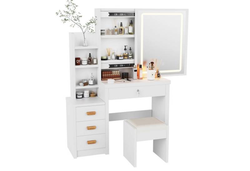 oyajia Schminktisch LED-Beleuchtung,mit Spiegel Hocker und 4 Schubladen Kosmetiktisch (einstellbare Helligkeit, modern, mit Spiegel Hocker), mit 4 Schubladen und 3 offenen Fächern von oyajia