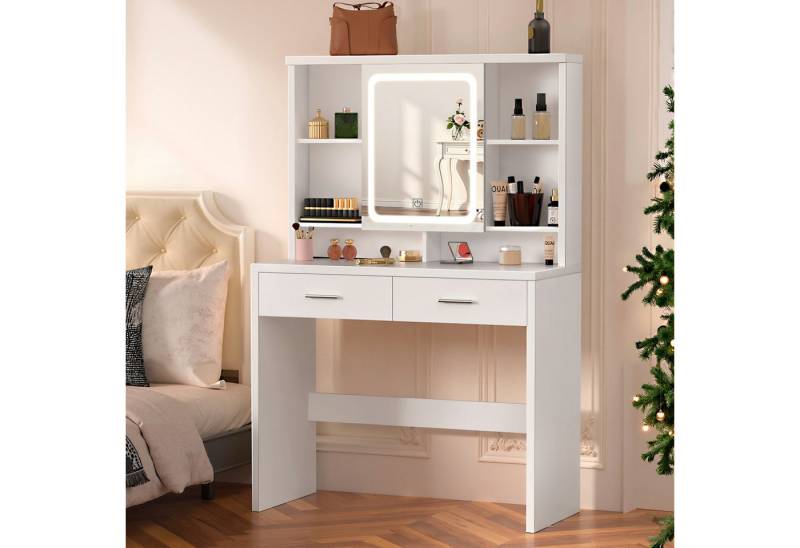 oyajia Schminktisch Mit Spiegel und dreifarbigem LED-Licht 2 Schubladen 5 Ablagefächer (weiß, Frisiertisch mit Spiegel, 90*40*136cm Moderner), mit LED-Beleuchtung, einstellbare Helligkeit, mit 2 Schubladen von oyajia
