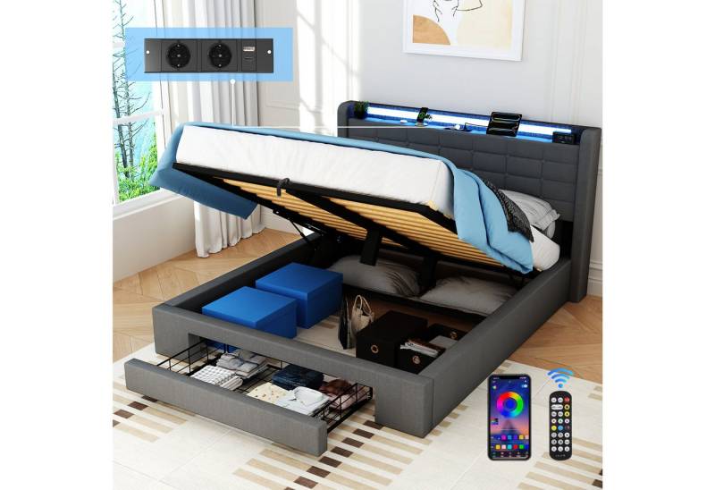 oyajia Stauraumbett LED Hydraulisches Doppelbett 140x200cm mit Ladefunktion (LED, USB- & Typ-C-Ladestation), 90/140/160 x200cm mit Ladefunktion und 1 Schubladen von oyajia