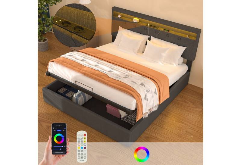 oyajia Stauraumbett LED hydraulisches Doppelbett (Leinenmaterial Polsterbett mit mit Lattenrost und Ladefunktion), Typ-C, USB-A, 2 Steckdosen,mit RGB Beleuchtung von oyajia