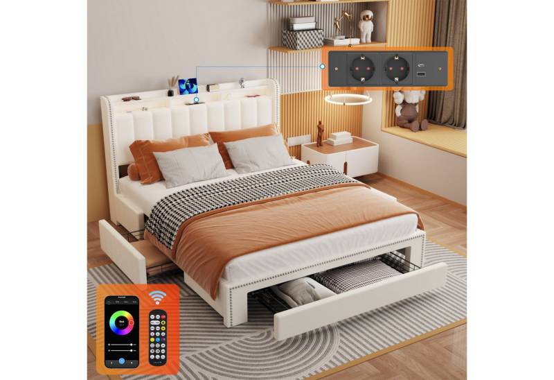 oyajia Stauraumbett Polsterbett mit Stauraum,LED-Beleuchtung (Polsterbett mit Metall Bettgestell, PU-Leder, 3 Schubladen), Doppelbett 90/140/160 x200 cm mit Ladestation von oyajia