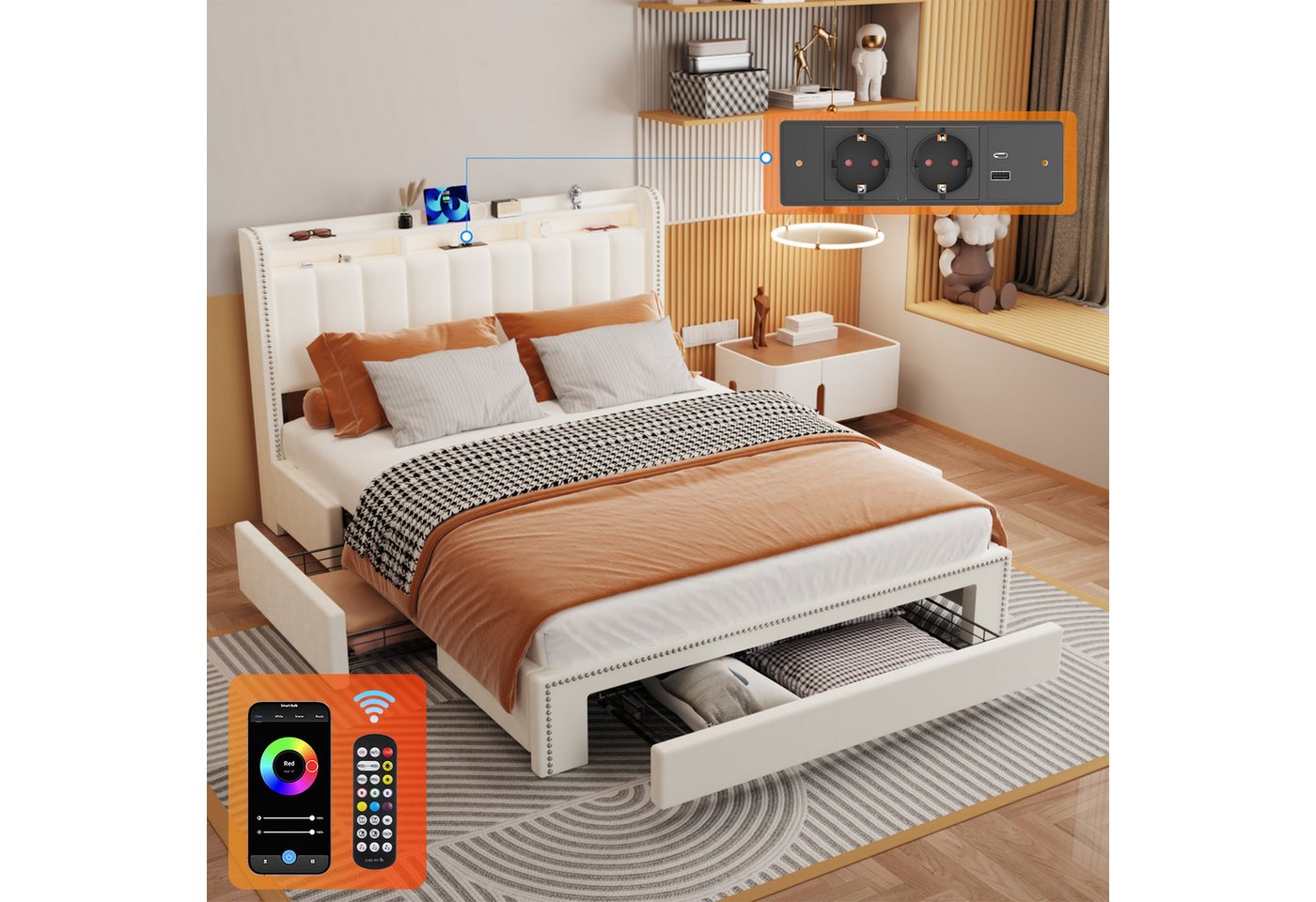 oyajia Stauraumbett Polsterbett mit Stauraum,LED-Beleuchtung (Polsterbett mit Metall Bettgestell, PU-Leder, 3 Schubladen), Doppelbett 90/140/160 x200 cm mit Ladestation von oyajia