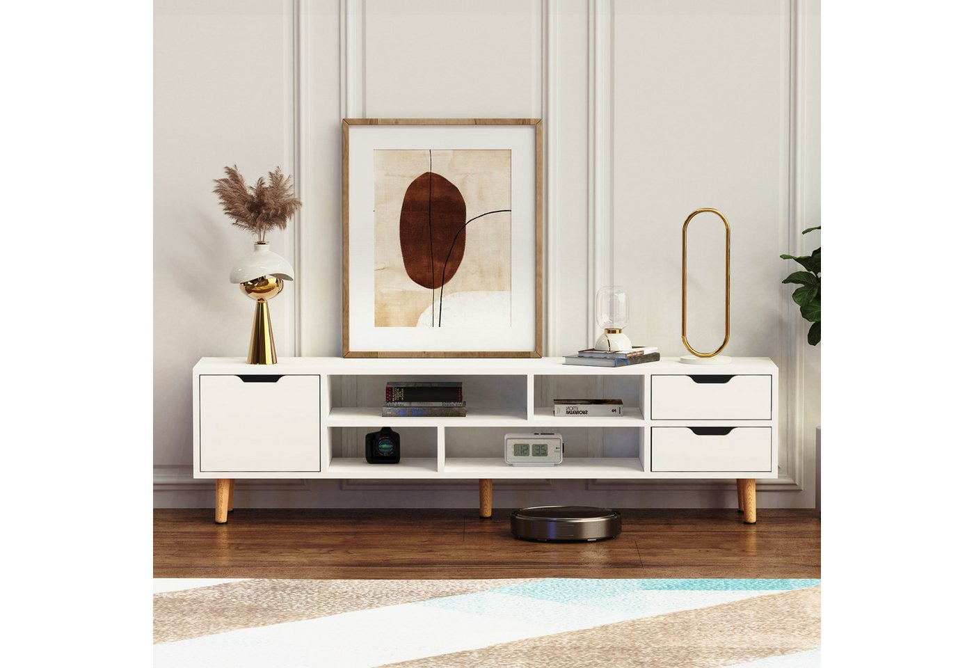 oyajia TV-Schrank Grifflose Fernsehschrank mit Beinen, 140 cm Lowboard mit 3 Schubladen (Modern TV-Schrank, 5 offenes Regalfach, viel Stauraum) TV-Schrank mit Holzbeinen, Fernsehschrank in wohnzimmer Schlafzimmer von oyajia