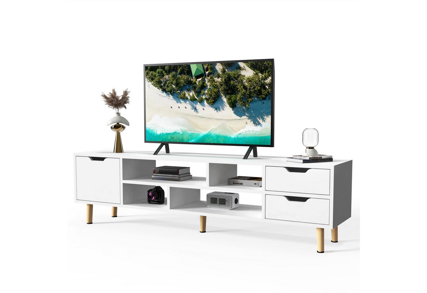 oyajia TV-Schrank Grifflose Fernsehschrank mit Beinen 140 cm, Lowboard mit 3 Schubladen (5 offenes Regalfach, viel Stauraum, Modern TV-Schrank) TV-Schrank mit Holzbeinen, Fernsehschrank in wohnzimmer Schlafzimmer von oyajia