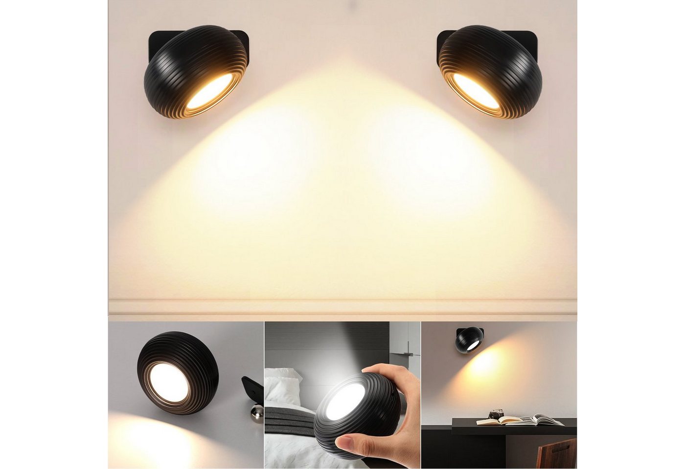 oyajia Wandleuchte LED Wandleuchte Innen 2er Pack, 360° Drehbare Touch Control Tischlampe, LED fest integriert, Kaltweiß/Naturweiß/Warmweiß, 3 Farbmodi Kabellose Wandlampe, für Wohnzimmer Schlafzimmer Flur Küche von oyajia