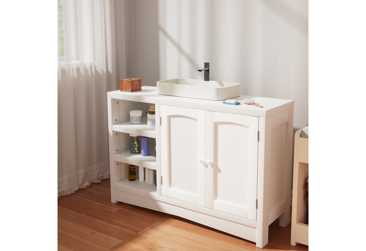 oyajia Waschbeckenunterschrank Unterschrank Badezimmerschrank (Badezimmerschrank mit Tür und 3 Ablagen Badschrank Badmöbel Waschtisch) extra lang, offene Fächer, höhenverstellbare Ablagen von oyajia