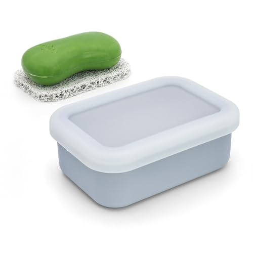 OZNER Verbesserter auslaufsicherer Seifenbehälter, Silikonhülle mit Drainage-Pad, kompakte Seifenschale, bruchsichere Seifenbox für Reisen, Camping, Fitnessstudio, Schlafsaal, Badezimmer (Grau) von ozner