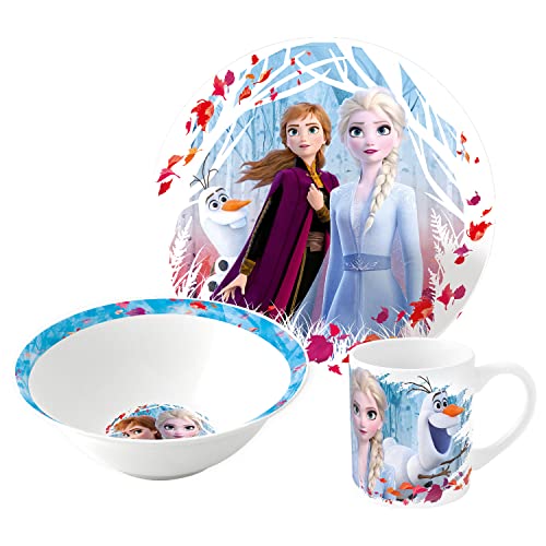 p:os 24508049 Frozen Die Eiskönigin - Frühstücksset, 3-teiliges Geschirrset mit Teller, Schüssel und Tasse, Kindergeschirr aus Porzellan, spülmaschinen-/mikrowellengeeignet von p:os