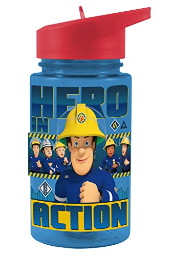 P:os 27264 - Trinkflasche für Kinder, ca. 450 ml, transparentes Design mit Feuerwehrmann Sam Motiv und integriertem Strohhalm zum Hochklappen, aus Kunststoff, bpa- und phthalatfrei von p:os