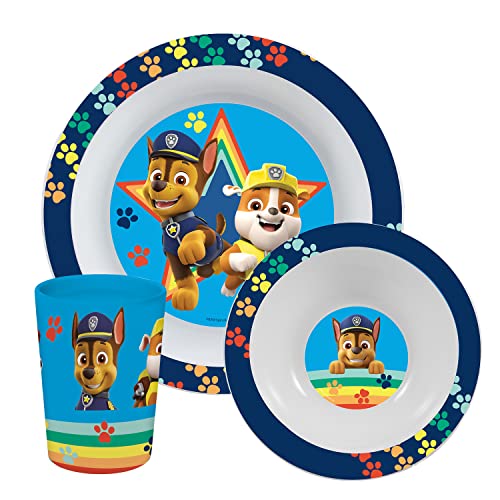 P:os 33561 PAW Patrol - Frühstücksset, 3-teiliges Geschirrset mit Teller, Schüssel und Trinkbecher, Kindergeschirr aus Kunststoff, spülmaschinen-/mikrowellengeeignet von p:os