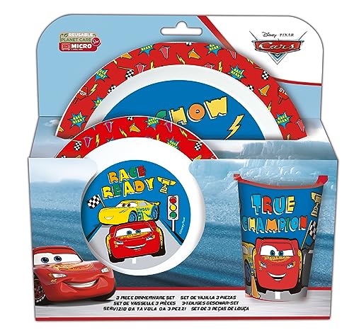 P:os 33711088 Frühstücksset Cars, 3-teiliges Geschirrset mit Teller, Schüssel und Becher, Kindergeschirr aus Kunststoff, spülmaschinenfest/mikrowellengeeignet von p:os