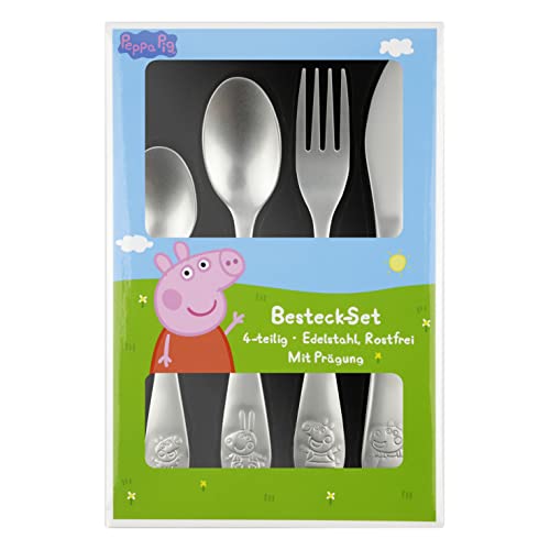 p:os Peppa Wutz Kinderbesteck, 4-teiliges Besteckset mit Messer, Gabel, Suppenlöffel und Dessertlöffel, Essbesteck mit Prägung aus rostfreiem Edelstahl von p:os