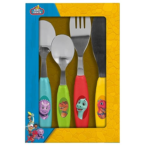 P:os 35130 - Dino Ranch Kinderbesteck, 4-teiliges Kinder Besteckset aus Edelstahl mit Kunststoffgriffen, mit Messer, Gabel, Suppenlöffel und Dessertlöffel von p:os