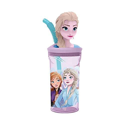p:os 26526 Frozen Die Eiskönigin - Trinkbecher für Kinder mit integriertem Strohhalm, Deckel und 3D Figur von Elsa, Trinkgefäß mit ca. 360 ml Fassungsvermögen, ideal für kalte Getränke von p:os