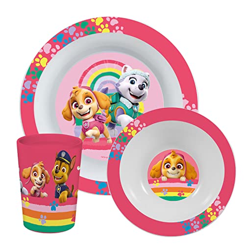 p:os 33564299 PAW Patrol - Frühstücksset, 3-teiliges Geschirrset mit Teller, Schüssel und Trinkbecher, Kindergeschirr aus Kunststoff, spülmaschinen-/mikrowellengeeignet von PAW PATROL