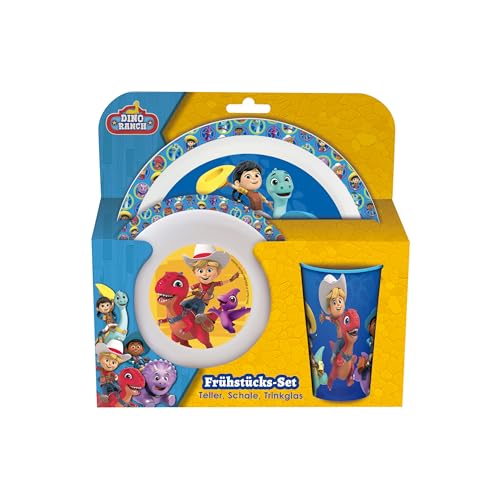 p:os 35133 - Dino Ranch Frühstücksset, 3-teiliges Geschirrset mit Teller, Schüssel und Becher, Kindergeschirr aus Kunststoff, spülmaschinen-/mikrowellengeeignet von p:os