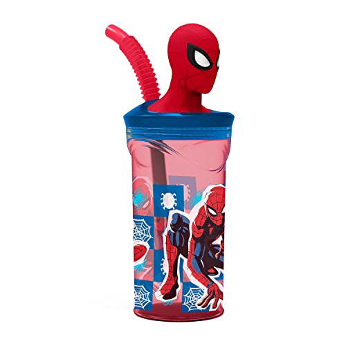 p:os 35478 - Spiderman Trinkbecher für Kinder mit integriertem Strohhalm, Deckel und 3D Figur, Trinkgefäß mit ca. 360 ml Fassungsvermögen, ideal für kalte Getränke von p:os
