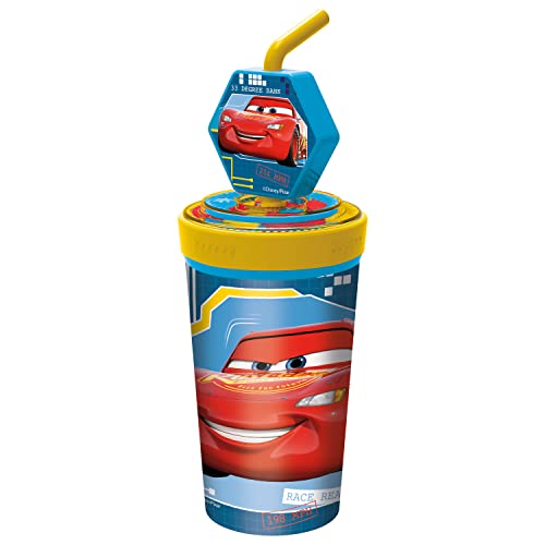 p:os Cars Trinkbecher für Kinder mit integriertem Strohhalm, Deckel und 3D-Figur, Trinkbehälter mit einem Fassungsvermögen von ca. 475 ml, optimal für kalte Getränke von p:os