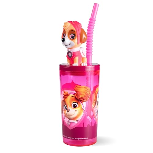 p:os PAW Patrol Trinkbecher mit Deckel und Strohhalm Kinder – 360ml mit Skye 3D-Figur – BPA-frei und Kohlensäuregeeignet – Geschenkidee Junge, Pink von p:os