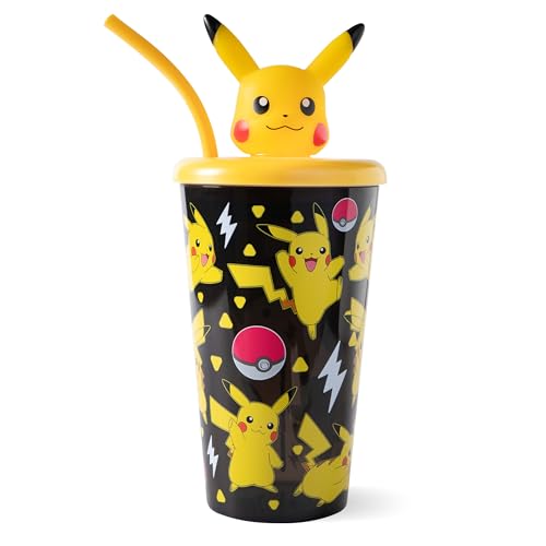 p:os Pokémon Trinkbecher mit Deckel und Strohhalm Kinder 600ml - Großer Trinkbecher Kinder mit coolem Design - BPA-frei und Kohlensäuregeeignet, Schwarz von p:os