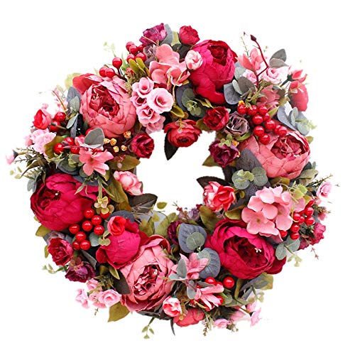 pQirnvIL Dekorativer TüR Kranz, Seidenblume Pfingstrose Kopf Blumen Kranz 40Cm Handgemachte Girlande für Herbst Winter Aussen Display Rot von pQirnvIL