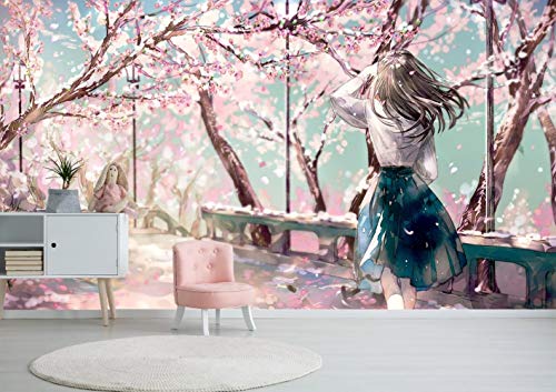 Pink Cherry Blossom Garden Girl Anime Fototapete Tapete 3D Photo Wallpaper Mural 250x175cm(98.4x69 inch) WxH von pZgfg