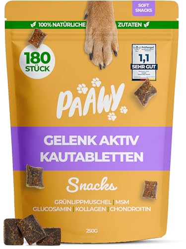 Gelenktabletten für Hunde von Paawy - Test SEHR GUT deutsche Marke - als Snacks mit Grünlippmuschel, MSM, Glucosamin, Chondroitin - sehr hohe Akzeptanz, natürlich, laborgeprüft - 180 Stück von paawy