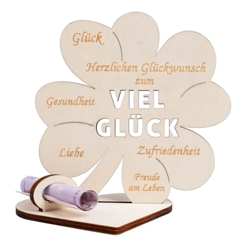 Geldgeschenke Geburtstag, Geldgeschenk Geburtstag mit Glücksklee Design Viel Glück Schriftzug, Geldgeschenk Personalisierbares Holz Schild Gästebuch für Frauen Männer von packra