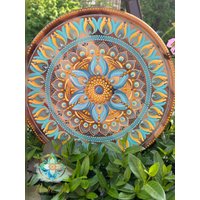 Handbemaltes Mandala Auf Holz | Dot Art in Türkis, Petrol & Sonnigem Gelb Boho Wandbild 30 cm Spirituelle Deko Kunst Holzplatte von paintedlovemandala