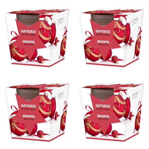 pajoma® Duftkerze 4er Set, Bratapfel - im satinierten Glas | 4x 120g Wachsgewicht, Brenndauer: 25 Stunden, in edler Geschenkverpackung | Premium Qualität von pajoma