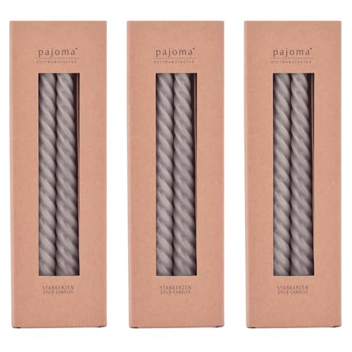 pajoma® Gedrehte Stabkerzen Grau 12 Stück | Hochwertige Drehkerzen - 45g Wachsgewicht, ca. 5 Std. Brenndauer, 250 x 20 mm | Premium Spiralkerzen, Twisted Kerzen, Wendekerzen von pajoma