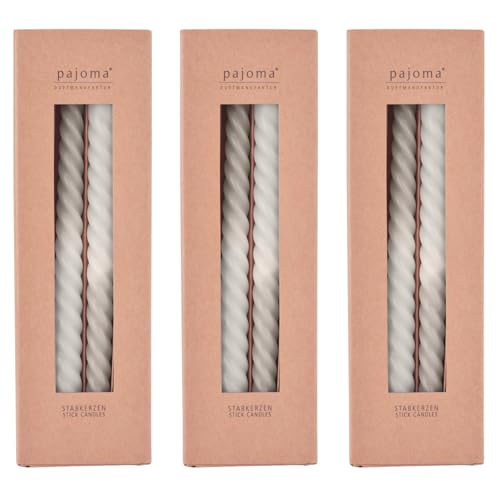 pajoma® Gedrehte Stabkerzen Grau-Beige 12 Stück | Hochwertige Drehkerzen - 45g Wachsgewicht, ca. 5 Std. Brenndauer, 250 x 20 mm | Premium Spiralkerzen, Twisted Kerzen, Wendekerzen von pajoma