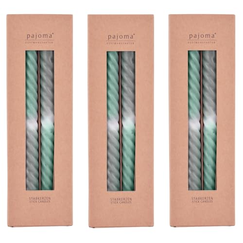pajoma® Gedrehte Stabkerzen Grau-Grün 12 Stück | Hochwertige Drehkerzen - 45g Wachsgewicht, ca. 5 Std. Brenndauer, 250 x 20 mm | Premium Spiralkerzen, Twisted Kerzen, Wendekerzen von pajoma
