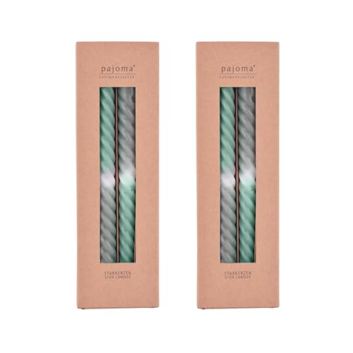 pajoma® Gedrehte Stabkerzen Grau-Grün 8 Stück | Hochwertige Drehkerzen - 45g Wachsgewicht, ca. 5 Std. Brenndauer, 250 x 20 mm | Premium Spiralkerzen, Twisted Kerzen, Wendekerzen von pajoma