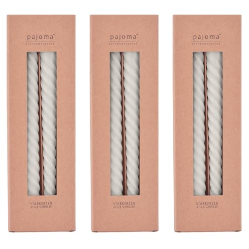 pajoma® Gedrehte Stabkerzen Hellgrau 12 Stück | Hochwertige Drehkerzen - 45g Wachsgewicht, ca. 5 Std. Brenndauer, 250 x 20 mm | Premium Spiralkerzen, Twisted Kerzen, Wendekerzen von pajoma