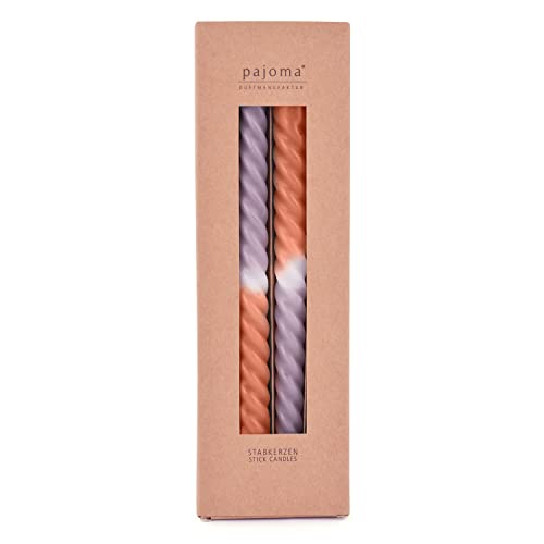 pajoma® Gedrehte Stabkerzen Orange-Lila 12 Stück | Hochwertige Drehkerzen - 45g Wachsgewicht, ca. 5 Std. Brenndauer, 250 x 20 mm | Premium Spiralkerzen, Twisted Kerzen, Wendekerzen von pajoma