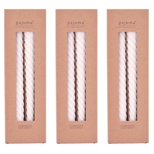 pajoma® Gedrehte Stabkerzen Weiß 12 Stück | Hochwertige Drehkerzen - 45g Wachsgewicht, ca. 5 Std. Brenndauer, 250 x 20 mm | Premium Spiralkerzen, Twisted Kerzen, Wendekerzen von pajoma