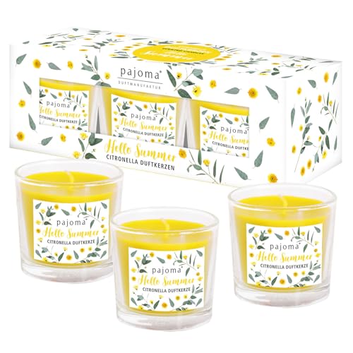 pajoma® Geschenkset Citronella Duftkerzen – 3er Set im Glas | je 50 g | ca. 8 h Brenndauer | Sommerduft & dekoratives Design | Geschenkbox von pajoma