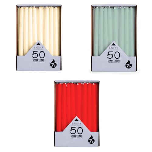 pajoma® Stabkerzen Cream, Rot, Grün 3x 50 Stück | Höhe 25 cm, Brenndauer ca. 7 Stunden | Duftfrei, vielseitig einsetzbar für Kerzenhalter, Deko & festliche Anlässe von pajoma