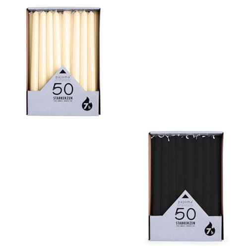 pajoma® Stabkerzen Cream, Schwarz 2x 50 Stück | Höhe 25 cm, Brenndauer ca. 7 Stunden | Duftfrei, vielseitig einsetzbar für Kerzenhalter, Deko & festliche Anlässe von pajoma