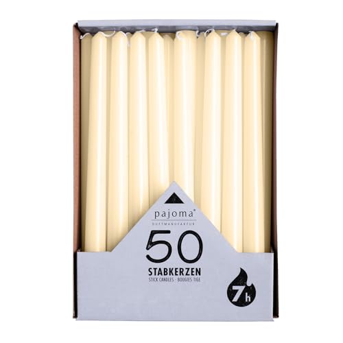 pajoma® Stabkerzen Cream - 50 Stück | Höhe 25 cm, Brenndauer ca. 7 Stunden | Duftfrei, vielseitig einsetzbar für Kerzenhalter, Deko & festliche Anlässe von pajoma
