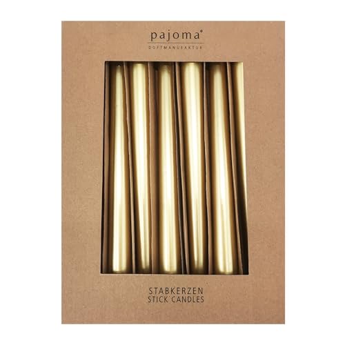 pajoma® Stabkerzen Gold-Metallic 10 Stück - Höhe 25 cm ø 2,2 cm | Brenndauer 7 Stunden, Premium Qualität - einfarbige Spitzenkerzen von pajoma