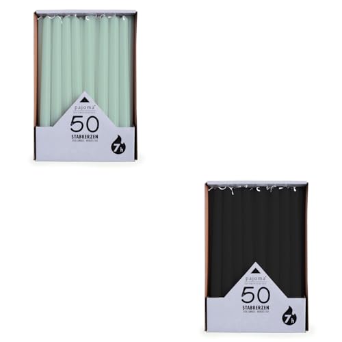 pajoma® Stabkerzen Grün, Schwarz 2x 50 Stück | Höhe 25 cm, Brenndauer ca. 7 Stunden | Duftfrei, vielseitig einsetzbar für Kerzenhalter, Deko & festliche Anlässe von pajoma
