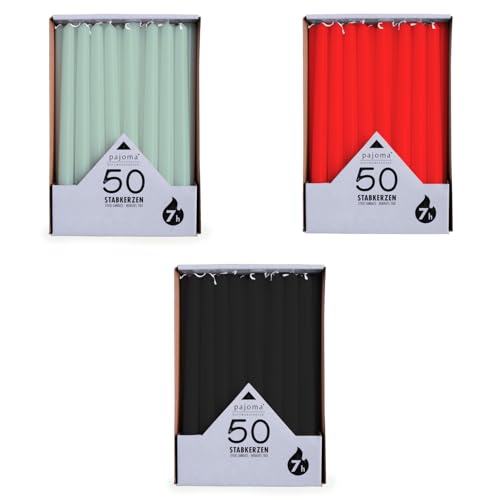 pajoma® Stabkerzen Rot, Grün, Schwarz 3x 50 Stück | Höhe 25 cm, Brenndauer ca. 7 Stunden | Duftfrei, vielseitig einsetzbar für Kerzenhalter, Deko & festliche Anlässe von pajoma